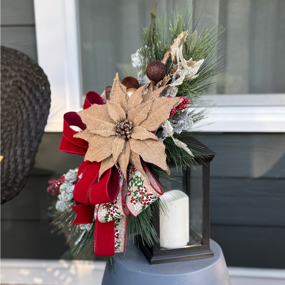 Burlap Poinsettia Lantern Decor - Picture 2 of 8